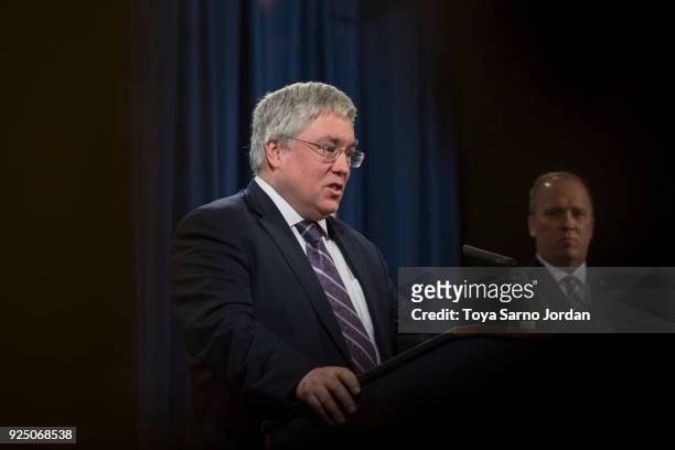 Virginia Attorney General Patrick Morrisey speaks during a press conference at the Department of Justice in Washington, DC on February 27, 2018....