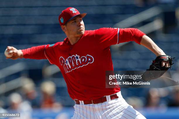 Jerad Eickoff of the Philadelphia Phillies pitches during the first inning of the Spring Training game against the Detroit Tigers at Spectrum Field...