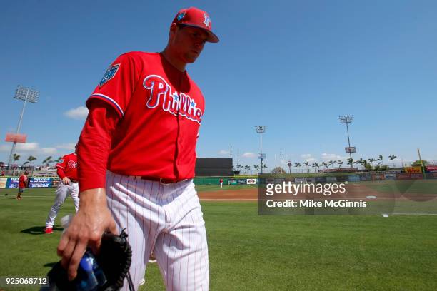 Jerad Eickoff of the Philadelphia Phillies walks to the dugout before the start of the Spring Training game against the Detroit Tigers at Spectrum...