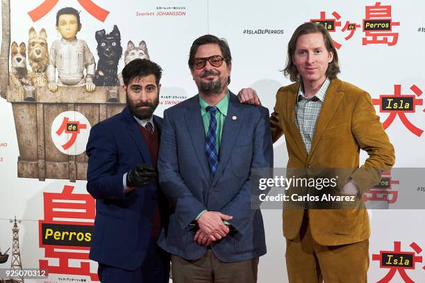 Wes Anderson , Jason Schwartman and Roman Coppola attend 'Isla de Perros' premiere at the Dore cinema on February 27, 2018 in Madrid, Spain.