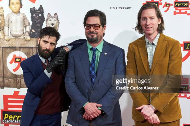 Wes Anderson , Jason Schwartman and Roman Coppola attend 'Isla de Perros' premiere at the Dore cinema on February 27, 2018 in Madrid, Spain.