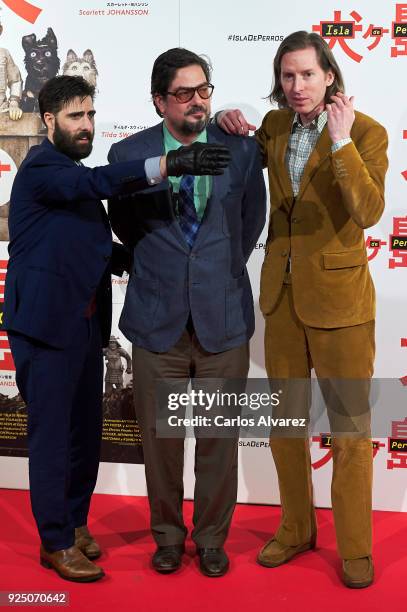 Wes Anderson , Jason Schwartman and Roman Coppola attend 'Isla de Perros' premiere at the Dore cinema on February 27, 2018 in Madrid, Spain.