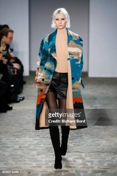 Model walks the runway during the Fashion Farm Foundation show as part of the Paris Fashion Week Womenswear Fall/Winter 2018/2019 on February 27,...