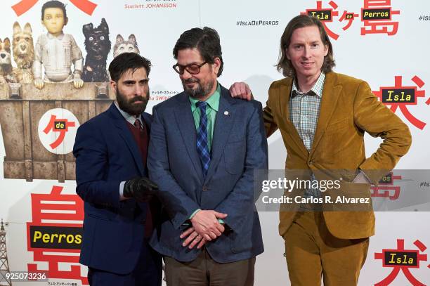 Wes Anderson , Jason Schwartman and Roman Coppola attend 'Isla de Perros' premiere at the Dore cinema on February 27, 2018 in Madrid, Spain.