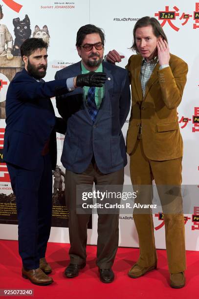 Wes Anderson , Jason Schwartman and Roman Coppola attend 'Isla de Perros' premiere at the Dore cinema on February 27, 2018 in Madrid, Spain.