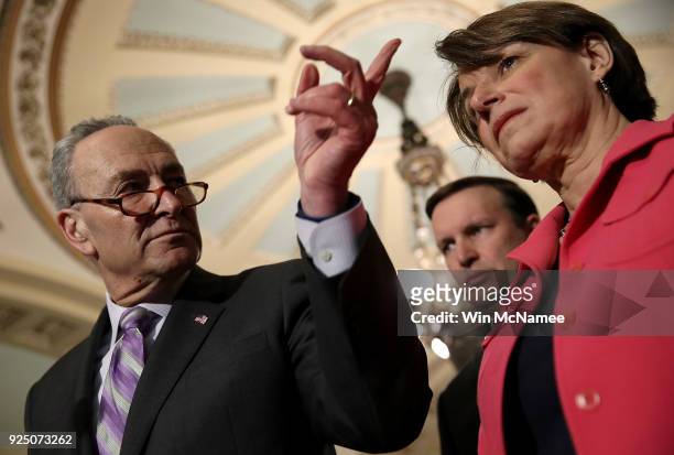 Senate Minority Leader Chuck Schumer answers questions during a press conference at the U.S. Capitol February 27, 2018 in Washington, DC. Schumer...