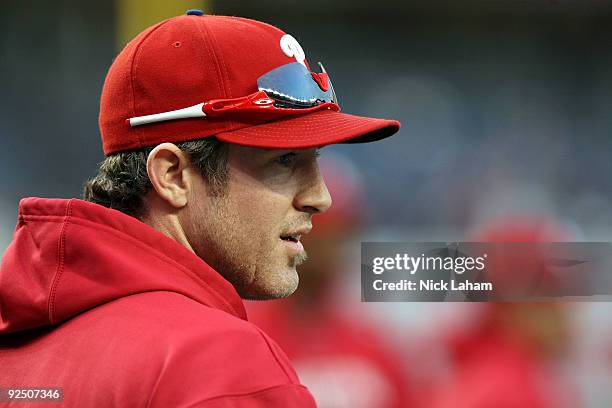 Chase Utley of the Philadelphia Phillies looks on during batting practice against the New York Yankees in Game Two of the 2009 MLB World Series at...