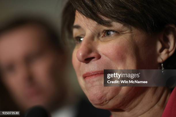 Sen. Amy Klobuchar speaks during a press conference at the U.S. Capitol February 27, 2018 in Washington, DC. Senate Minority Leader Chuck Schumer...