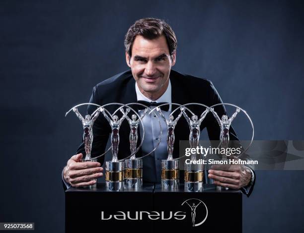 Tennis player Roger Federer holds his 6 Laureus World Awards after the 2018 Laureus World Sports Awards at Salle des Etoiles, Sporting Monte-Carlo on...