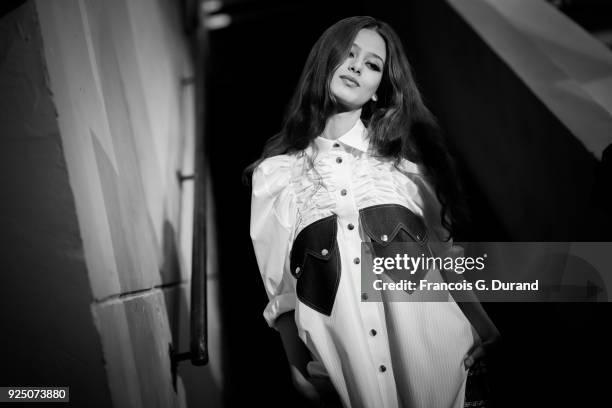 Model prepares backstage before the Victoria/Tomas show as part of the Paris Fashion Week Womenswear Fall/Winter 2018/2019 on February 27, 2018 in...