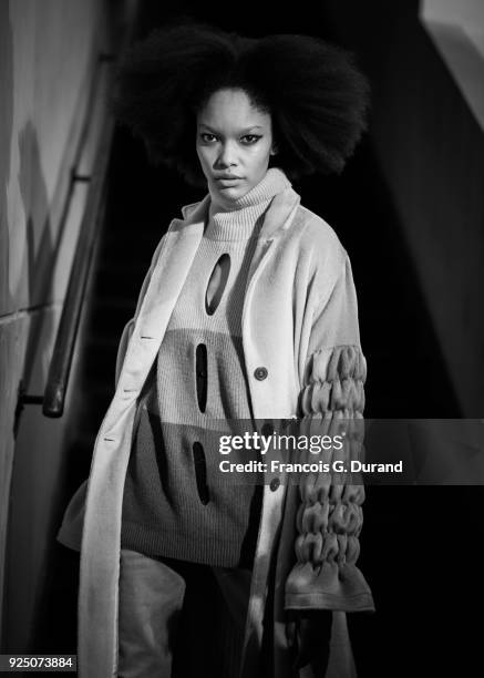 Model prepares backstage before the Victoria/Tomas show as part of the Paris Fashion Week Womenswear Fall/Winter 2018/2019 on February 27, 2018 in...