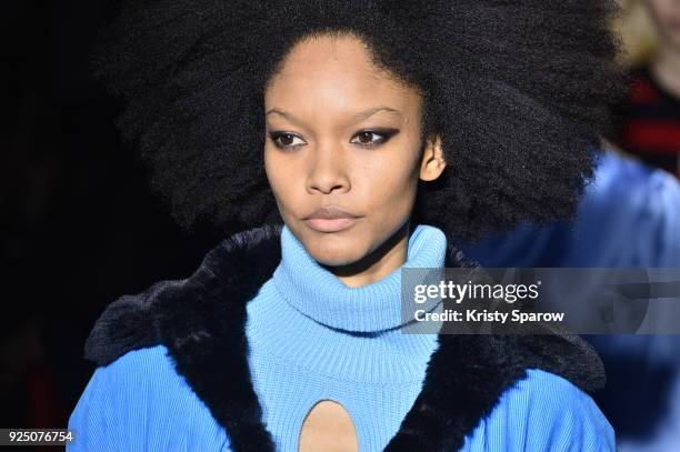 Model walks the runway during the Victoria/Tomas show as part of Paris Fashion Week Womenswear Fall/Winter 2018/2019 on February 27, 2018 in Paris,...