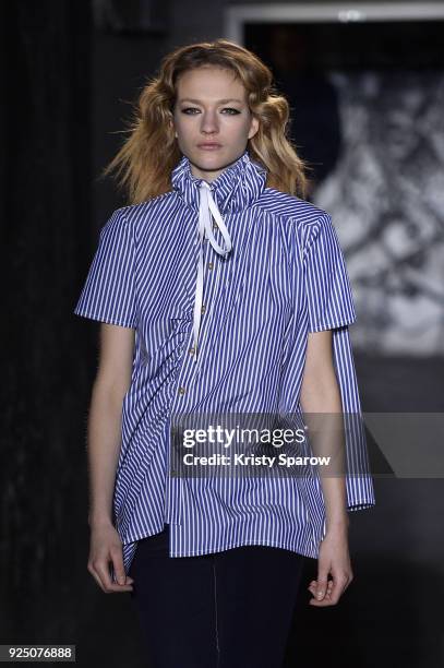 Model walks the runway during the Victoria/Tomas show as part of Paris Fashion Week Womenswear Fall/Winter 2018/2019 on February 27, 2018 in Paris,...