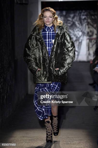 Model walks the runway during the Victoria/Tomas show as part of Paris Fashion Week Womenswear Fall/Winter 2018/2019 on February 27, 2018 in Paris,...