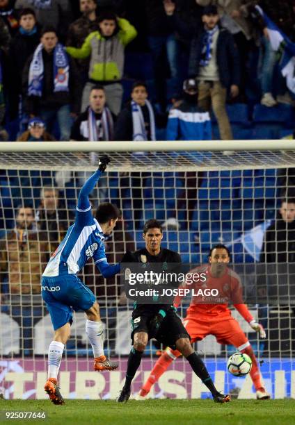 Espanyol's Spanish forward Gerard Moreno shoots to score a goal during the Spanish league football match between RCD Espanyol and Real Madrid CF...