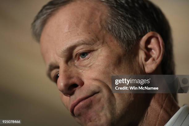 Sen. John Thune speaks at a press conference at the U.S. Capitol February 27, 2018 in Washington, DC. Senate Majority Leader Mitch McConnell answered...