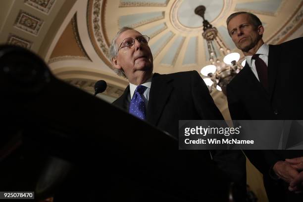 Senate Majority Leader Mitch McConnell answers questions at a press conference at the U.S. Capitol February 27, 2018 in Washington, DC. McConnell...