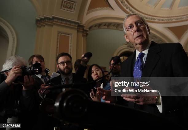 Senate Majority Leader Mitch McConnell answers questions at a press conference at the U.S. Capitol February 27, 2018 in Washington, DC. McConnell...