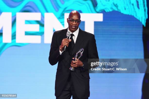 Laureus Academy member Edwin Moses speaks after winning the Laureus Lifetime Achievement on stage during the 2018 Laureus World Sports Awards show at...