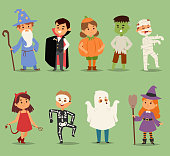 Cartoon cute kids wearing Halloween costumes vector characters. Little child people Halloween dracula, witch, ghost, zombie kids costume. Childhood fun cartoon boys and girls costume