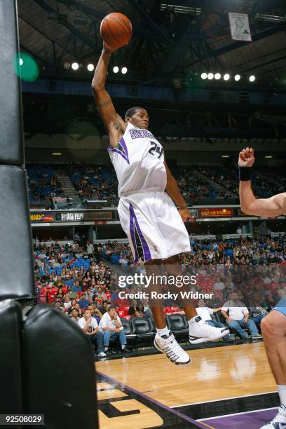 Desmond Mason of the Sacramento Kings rebounds the ball during the preseason game against the Utah Jazz on October 23, 2009 at Arco Arena in...