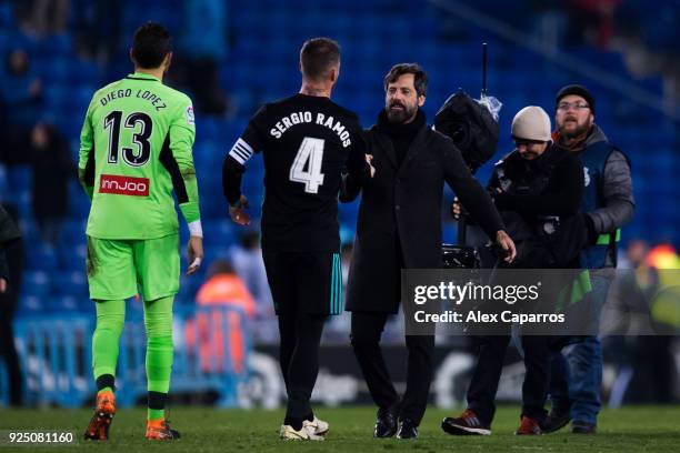 Head Coach Quique Sanchez Flores of RCD Espanyol shakes hands with Sergio Ramos of Real Madrid CF after the La Liga match between Espanyol and Real...