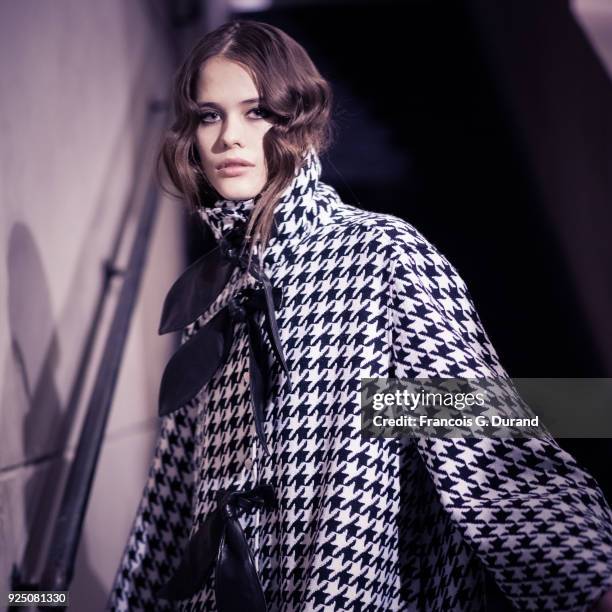 Model prepares backstage before the Victoria/Tomas show as part of the Paris Fashion Week Womenswear Fall/Winter 2018/2019 on February 27, 2018 in...