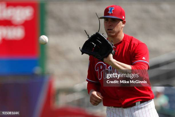 Jerad Eickoff of the Philadelphia Phillies pitches during the second inning of the Spring Training game against the Detroit Tigers at Spectrum Field...