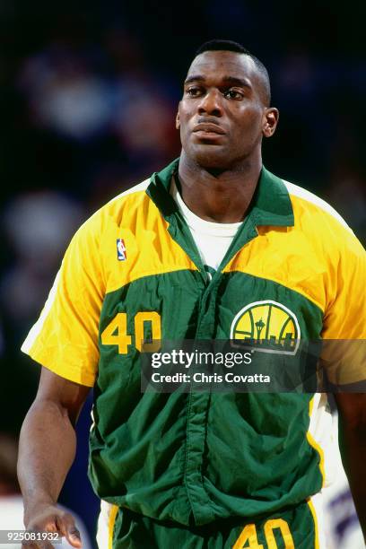 Shawn Kemp of the Seattle SuperSonics looks on during a game on January 4, 1994 at America West Arena in Phoenix, Arizona. NOTE TO USER: User...