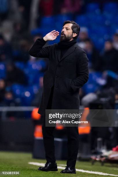 Head Coach Quique Sanchez Flores of RCD Espanyol gives instructions during the La Liga match between Espanyol and Real Madrid at RCDE Stadium on...