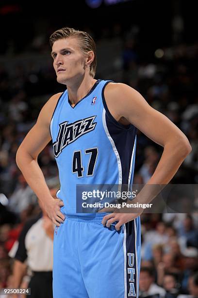 Andrei Kirilenko of the Utah Jazz awaits a free throw against the Denver Nuggets during NBA action at Pepsi Center on October 28, 2009 in Denver,...