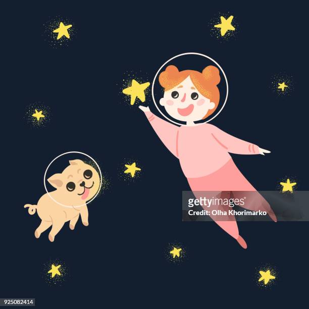 Young girl and her dog in space, wearing helmets