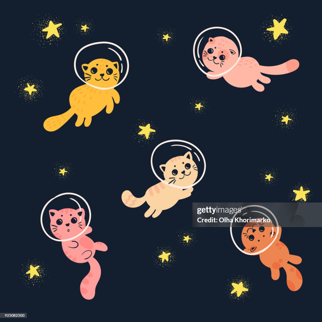 Cute home cats in space, wearing helmets