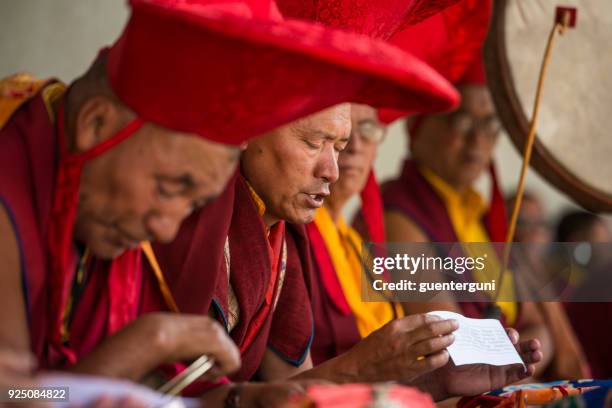 buddhist lamas (head monks) making music during festival - musican imagens e fotografias de stock