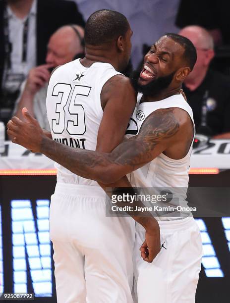 LeBron James and Kevin Durant of Team LeBron celebrate after winning the NBA All-Star Game 2018 at Staples Center on February 18, 2018 in Los...