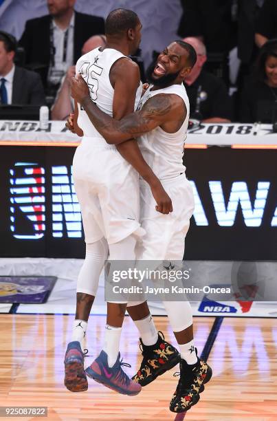 LeBron James and Kevin Durant of Team LeBron celebrate after winning the NBA All-Star Game 2018 at Staples Center on February 18, 2018 in Los...