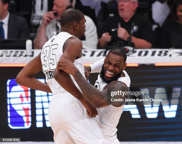 LeBron James and Kevin Durant of Team LeBron celebrate after winning the NBA All-Star Game 2018 at Staples Center on February 18, 2018 in Los...