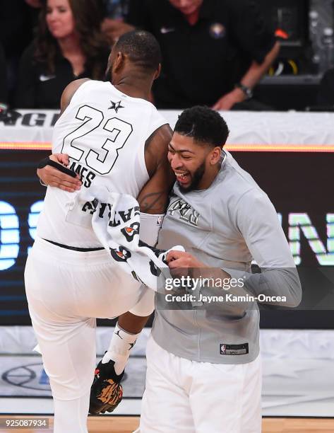 LeBron James and Anthony Davis of Team LeBron celebrate after winning the NBA All-Star Game 2018 at Staples Center on February 18, 2018 in Los...