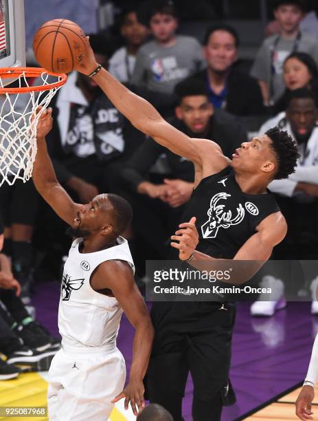 Joel Embiid of Team Stephen scores a basket over Kevin Durant of Team LeBron during the NBA All-Star Game 2018 at Staples Center on February 18, 2018...