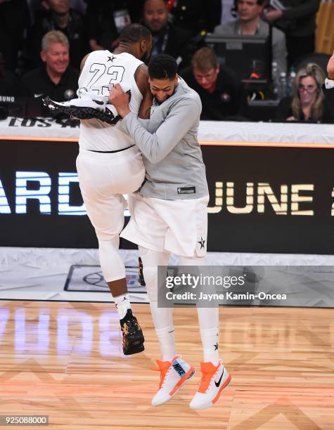 LeBron James and Anthony Davis of Team LeBron celebrate after winning the NBA All-Star Game 2018 at Staples Center on February 18, 2018 in Los...