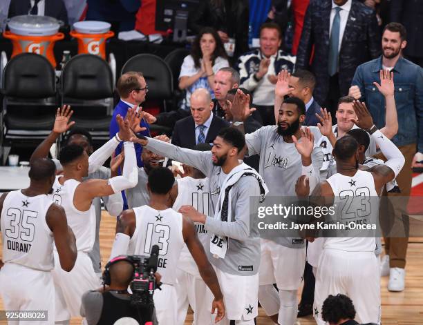 Team LeBron exchanges high fives after winning the NBA All-Star Game as a part of 2018 NBA All-Star Weekend at Staples Center on February 18, 2018 in...