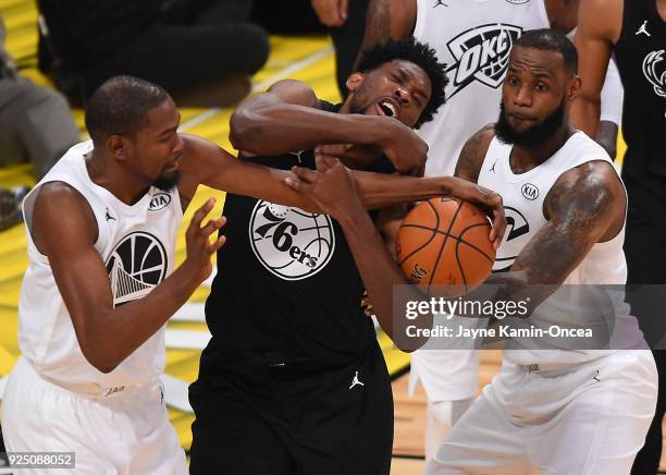 Kevin Durant and LeBron James of Team LeBron guard DeMar DeRozan of Team Stephen during the fourth quarter of NBA All-Star Game 2018 at Staples...