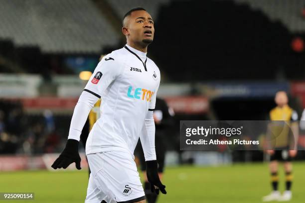 Jordan Ayew of Swansea City celebrates his opening goal during The Emirates FA Cup Fifth Round Replay match between Swansea City and Sheffield...