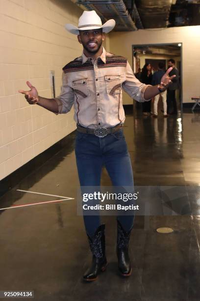 Chris Paul of the Houston Rockets arrives at the arena before the game against the Minnesota Timberwolves on February 23, 2018 at the Toyota Center...