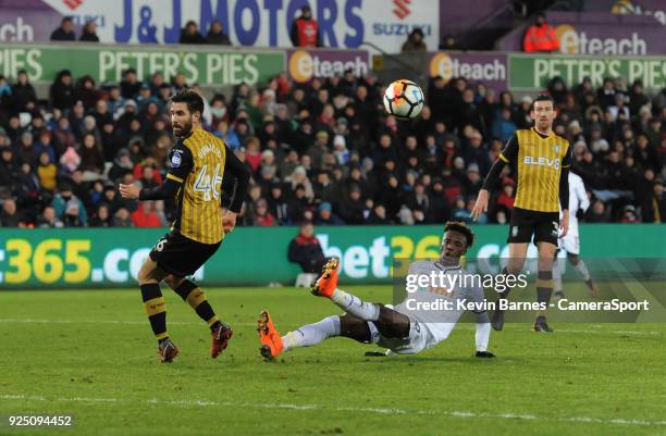 Swansea City's Tammy Abraham reacts as his effort drifts wide during the The Emirates FA Cup Fifth Round Replay match between Swansea City and...