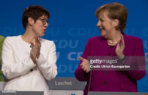 30th Party Congress of the CDU Germany in Berlin. Annegret Kramp-Karrenbauer, Secretary General of the CDU, and Federal Chancellor Angela Merkel,...