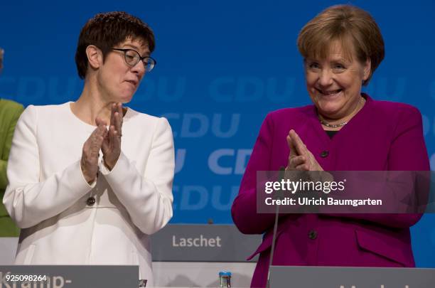 30th Party Congress of the CDU Germany in Berlin. Annegret Kramp-Karrenbauer, Secretary General of the CDU, and Federal Chancellor Angela Merkel,...