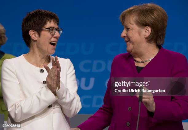 30th Party Congress of the CDU Germany in Berlin. Annegret Kramp-Karrenbauer, Secretary General of the CDU, and Federal Chancellor Angela Merkel,...