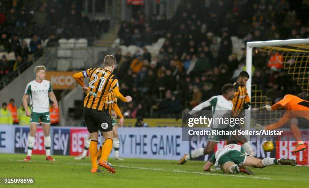 Hull City's Michael Dawson scores hulls equaliser during the Sky Bet Championship match between Hull City and Barnsley at KCOM on February 27, 2018...