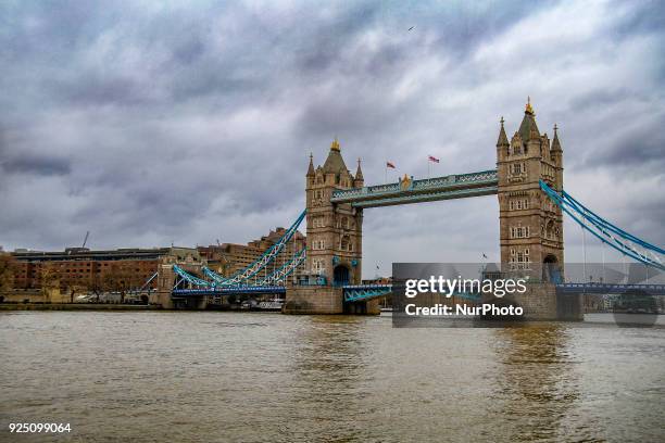 The Tower Bridge in London. One of the main attractions in the city of London is the combined suspension and bascule bridge that was built from 1886...